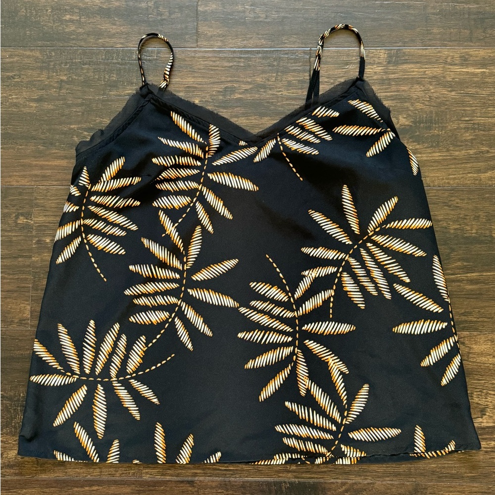 Black with burnt orange and cream floral print tank top